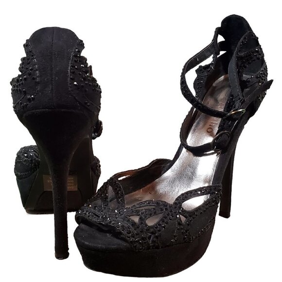 BLACK SUEDE RHINESTONE STELETTOS SIZE 6 - Picture 1 of 14